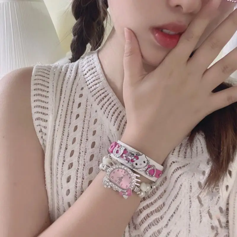 2024 Kawaii Sanrio браслет с анимэ Cute Hello Kitty Cartoon Yk2 Sweet and Cool кожаный орнамент подарок на