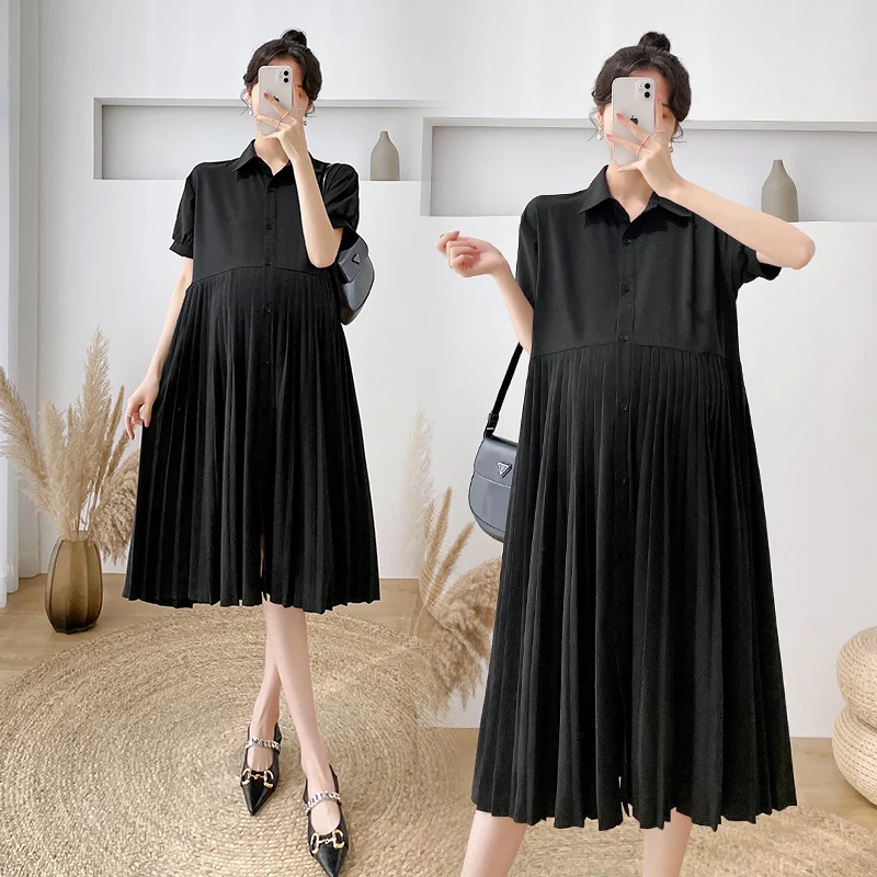 

645# 2022 Summer Black Maternity Long Dress Elegant A Line Slim Pleated Loose Clothes for Pregnant Women Pregnancy Chic Ins