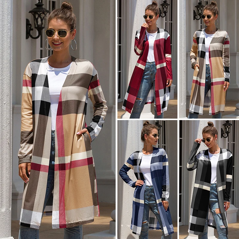 Check Long Cardigan Women Autumn Plaid Fashion Unbuttoned Straight Cardigan Jacket  Big Style Sweater Knitting Coat