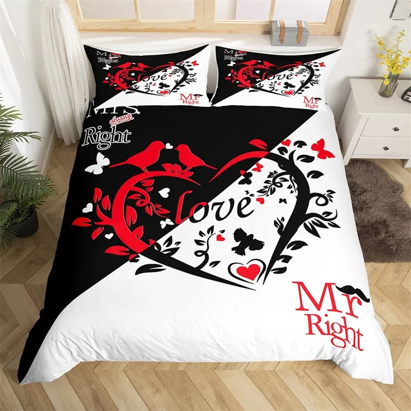 

Couple Romantic Wedding Theme Bedding Set Mr Mrs Duvet Cover Microfiber Funny Quotes Love Heart Happiness Love Birds Quilt Cover
