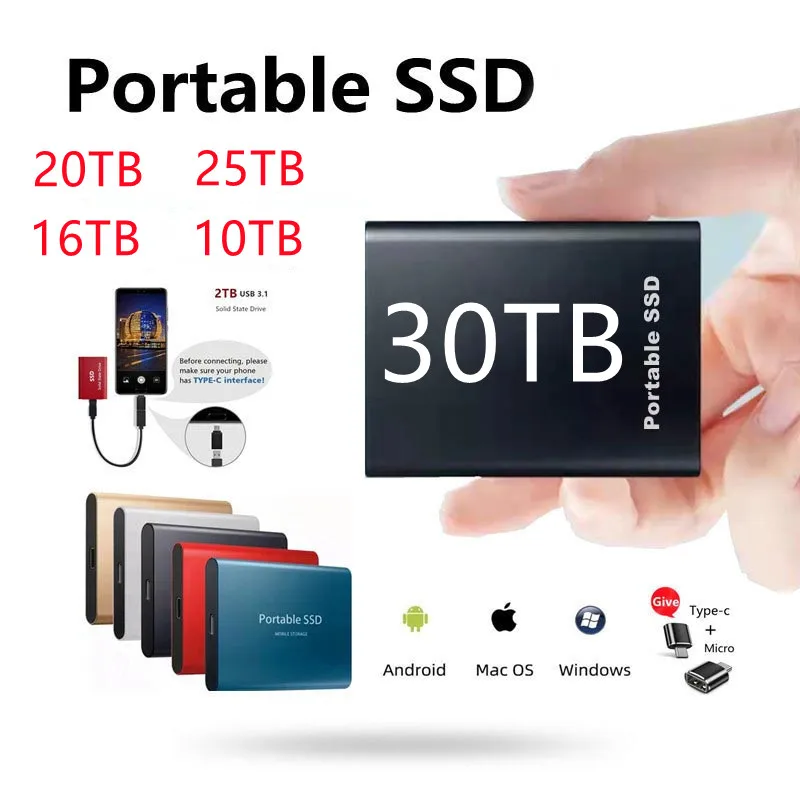 Портативный внешний жесткий диск SSD емкостью 4 ТБ, 8 ТБ, 16 ТБ, 30 ТБ с устройством хранения высокой скорости передачи данных на USB3.1.