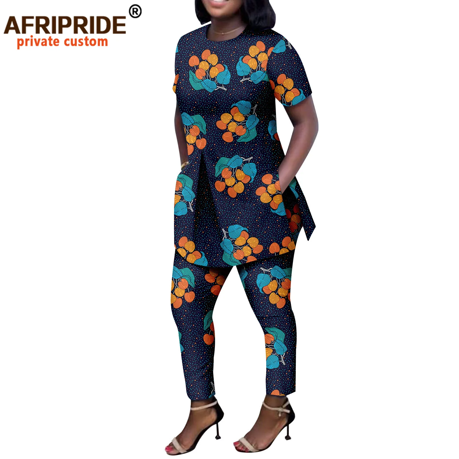 African Clothes for Women Short Sleeve O-neck Shirts and Pants 2 Piece Set Ankara Attire Print Outfits Loose Casual A2226012