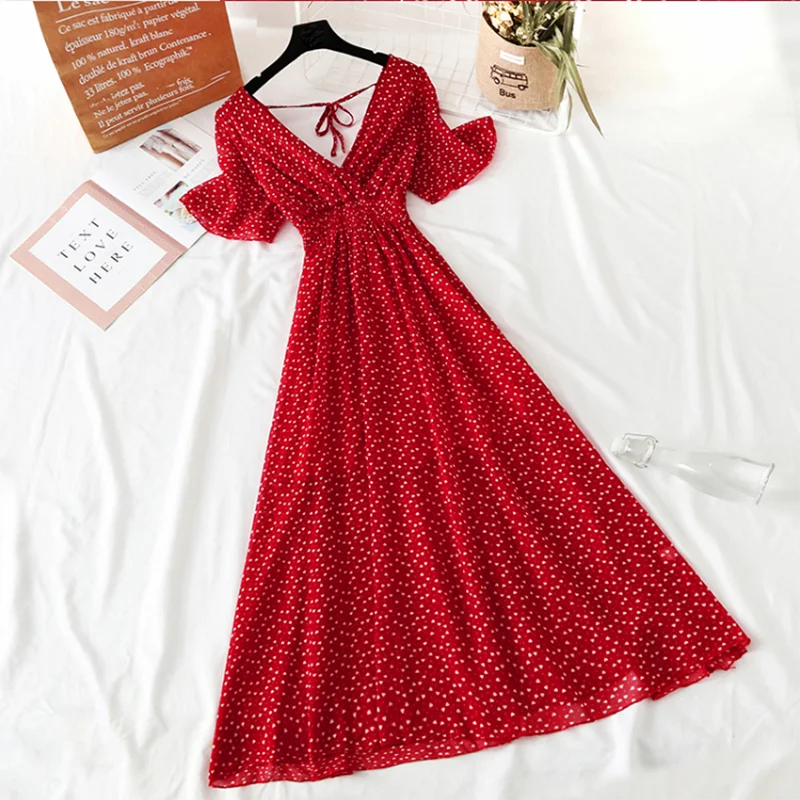 

Women Chiffon Long Dress Floral Print Short Sleeve High Waist A-line Red Sexy Dress Vestidos New Vintage V Neck Summer Dresses