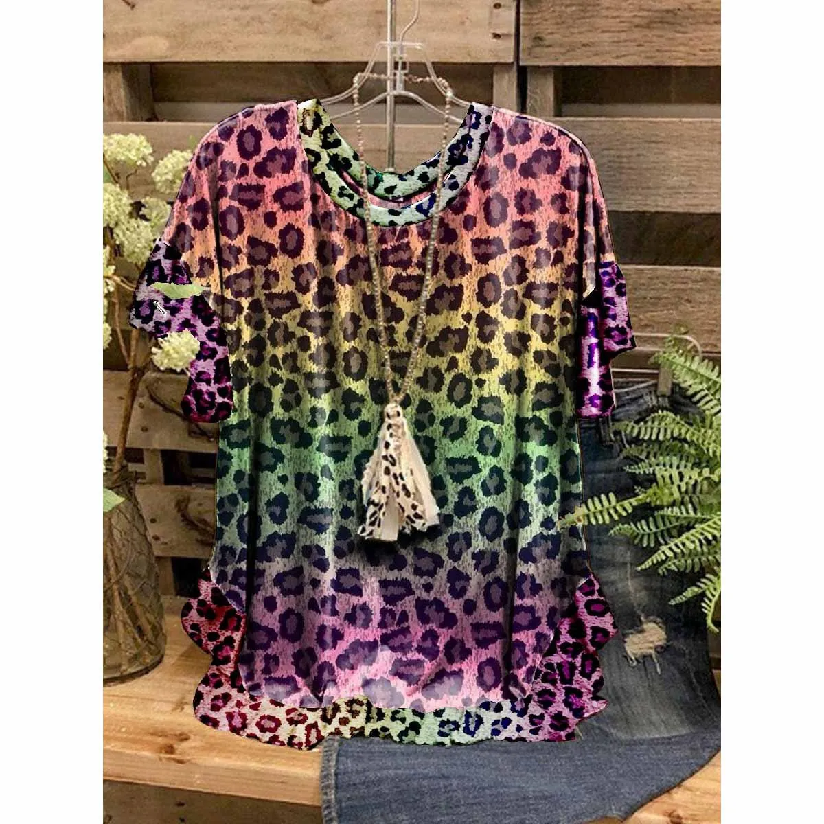 

Women T-Shirt Tops 3D Ruffled O-Neck Short Sleeves Leopard Print Printed Loose Casual T-Shirts Summer Streetwear