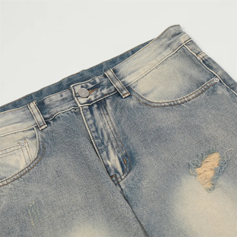 Ins Y2k Mens Washed Denim Jeans High Street Hole Hip Hop Fashion Straight Loose Wide-Leg Long Pants Feet with Zipper Hot Sale
