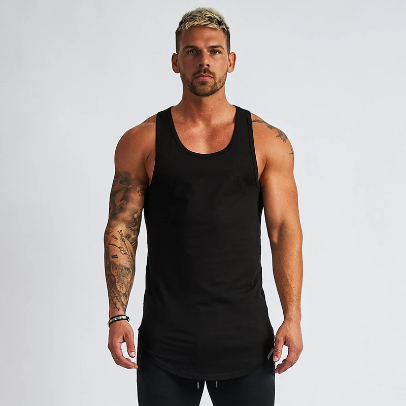 Men's Longline Vest Step Hem Extreme Racer Back Gym Tank Tops Singlet Elasticity Tranning Workout Stringer T Shirts Bodybuilding images - 6