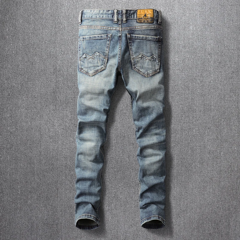 Fashion Vintage Men Jeans Retro Blue Stretch Elastic Slim Fit Ripped Jeans Men Patched Embroidery Designer Denim Pants Hombre