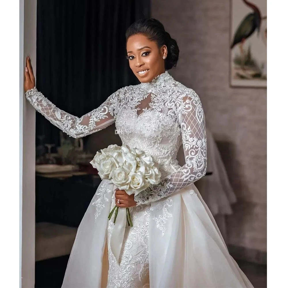 

2023 On Zhu Luxury Lace Appliqued Wedding Dresses Bridal Gowns 3D Flowers Beaded Long Sleeve Marriage Dresses Vestidos De Novia