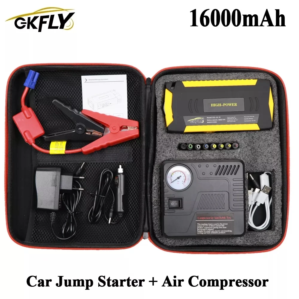 $51.49 GKFLY 16000mAh Car Jump Starter Air Pump Compressor 600A Starting Device Cables 12V Portable Car Battery Booster Charger LED