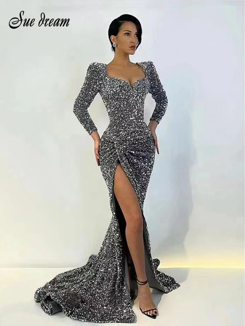 

2021 Fall New Women'S Sexy V-Neck Sequined Long Sleeve Mopping Dress Fashion Temperament Twisted Split Legs Slim Long Dress