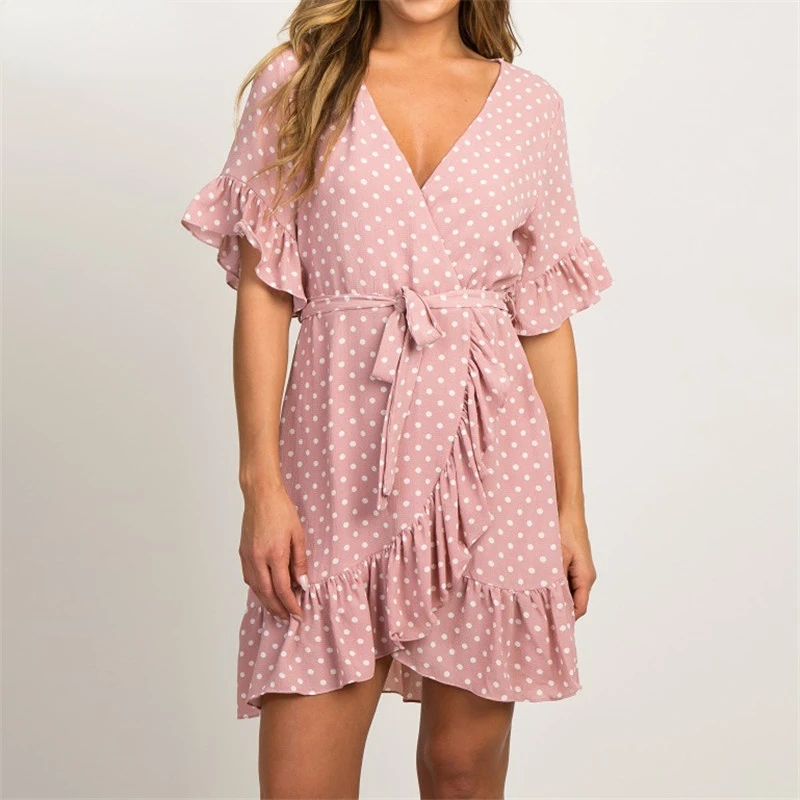 

Summer Chiffon Dress 2022 Boho Beach Dress Fashion Short Sleeve V Neck Dot A Line Party Dress Sundress Vestidos