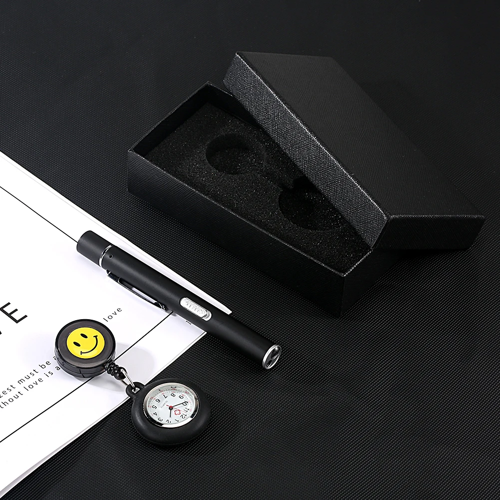 Nurse Watch for Women Hanging Pocket Watch Cute Smiling Clip-on Fob Brooch Quartz Clock with Led Pen Light Medical Gift Set