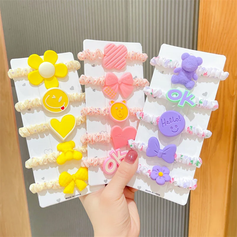 

5 Pcs/Set Hair Rope Ties With Cute Bear Bowknot Heart Pendent Elastic Hair Band Girl Ponytail Holde Scrunchie Headwear Accessory