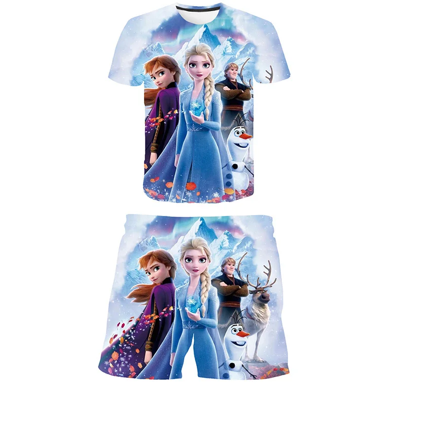 

2022 Frozen 2 Girls Clothing For Summer Elsa Princess T-shirts + Shorts Suits Kids Baby Clothing Cartoon Casual Costume Outfits
