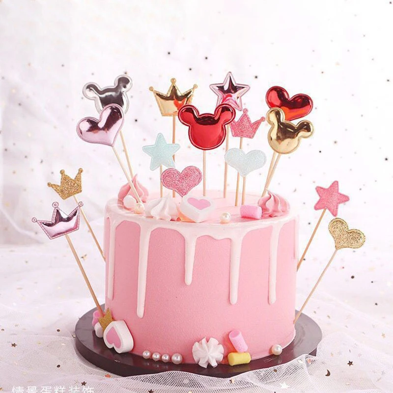 

50pcs Cake Glitter Reflective Heart Crown Insert Decorative Leather Pu Banner Dessert Baking Party Cake Ornament Topper