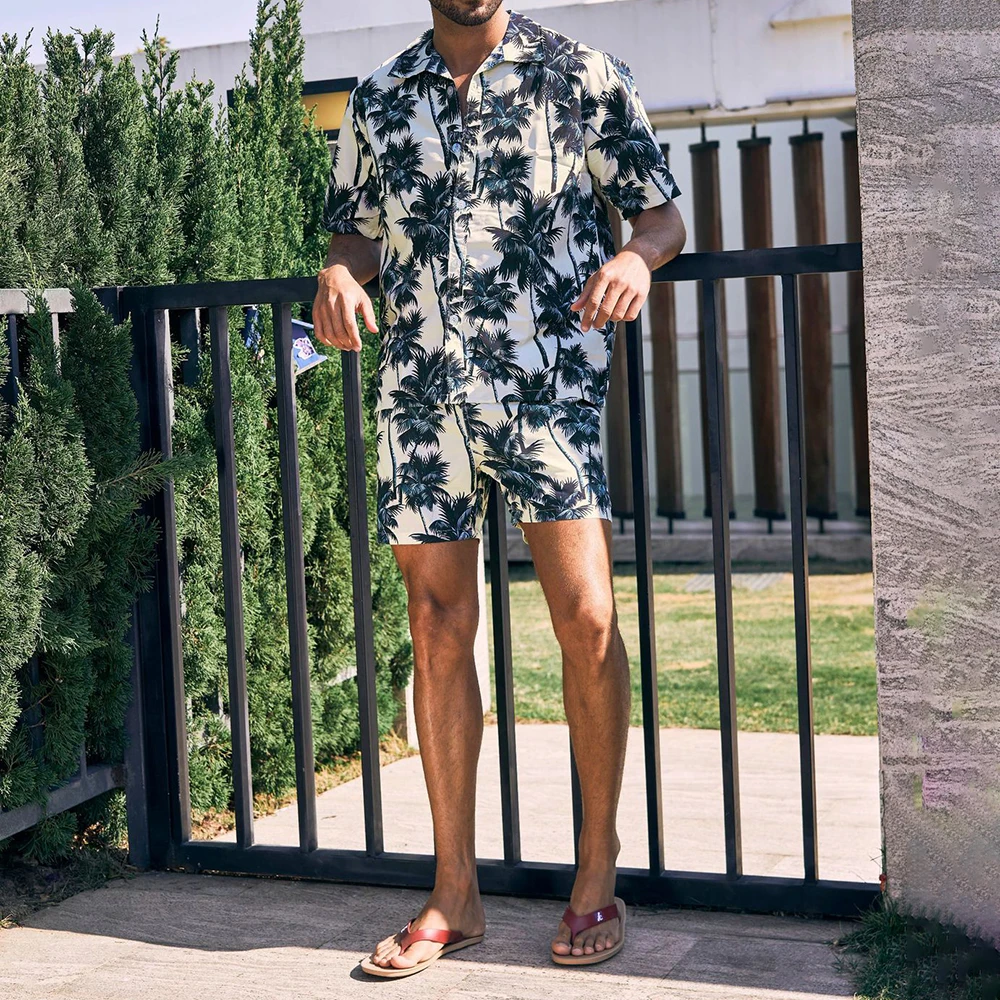 Summer Men's Beach Casual Suit Handsome Short-sleeved Shorts Coconut Tree Print Vacation Hawaiian Shirt Shorts Two-piece Set