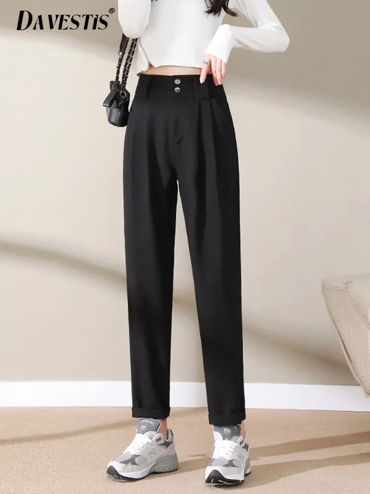 

Женские Костюмные брюки с высокой талией, Новинка весна-лето 2023, повседневные свободные офисные брюки с двумя пуговицами, Женские Простые М...