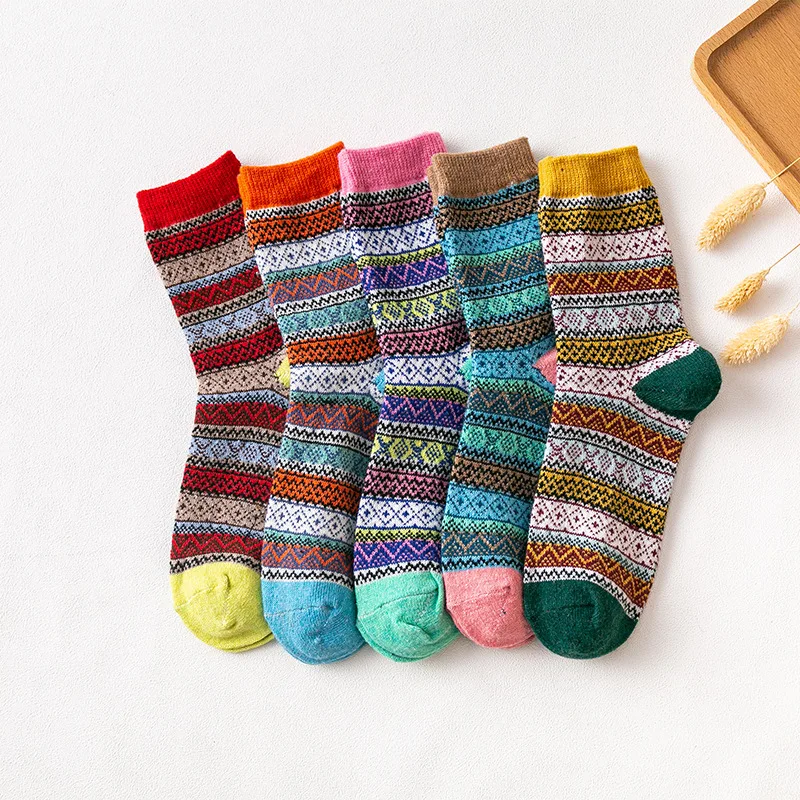 5pairs Winter Thicken Thermal Women's Angora Wool Socks Wave Stripe Flower Socks