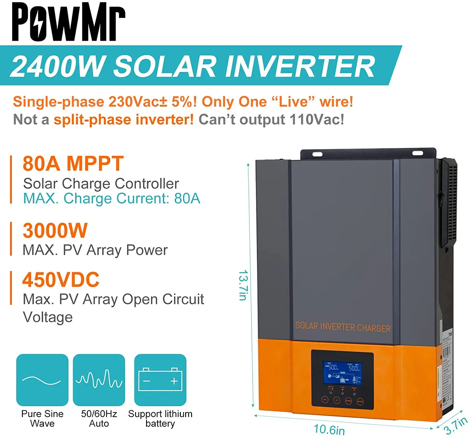 PowMr 3KVA/2400W Hybrid Solar Inversor 24V Battery Charger Built-in MPPT 80A 230VAC Output PV Max 450VDC Inverter - купить по