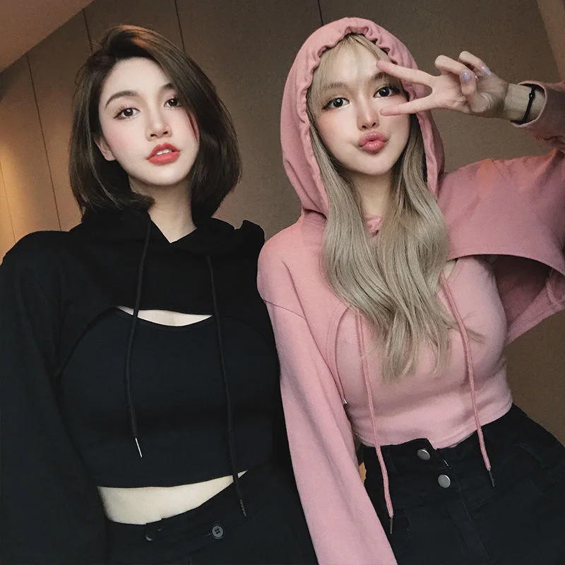 

Women Fashion Casual Jogging Hoodies(with Camisole)Korean Loose Short Sweatshirt Female Loose Cropped Hoodies Streetwear Hooded