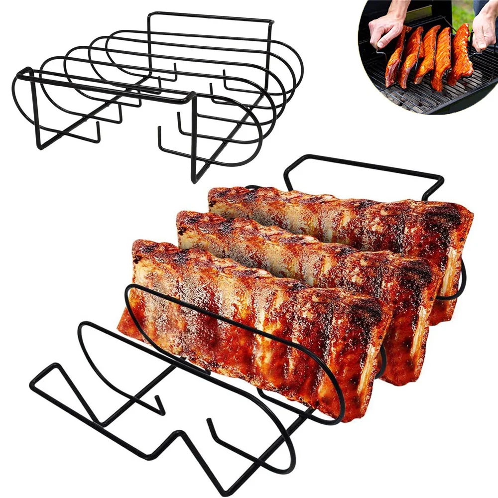 

Non-Stick BBQ Rib Rack Stand Barbecue Steaks Racks Stainless Steel Chicken Beef Ribs Grill Black for Gas Smoker or Charcoal