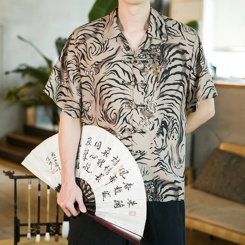 

Summer Mythical Animal Auspicious Tiger Print Cuban Collar Short-sleeved Men's Shirt Tang Suit Hanfu Button Quality Top T-shirt