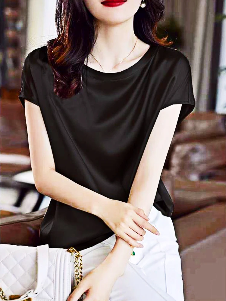 

Silk Thin Short Sleeve Tees Korean Style Slip Woman Summer Clothes Elegant Black Brown Tops Solid Loose Casual 4xlwomen T-shirt