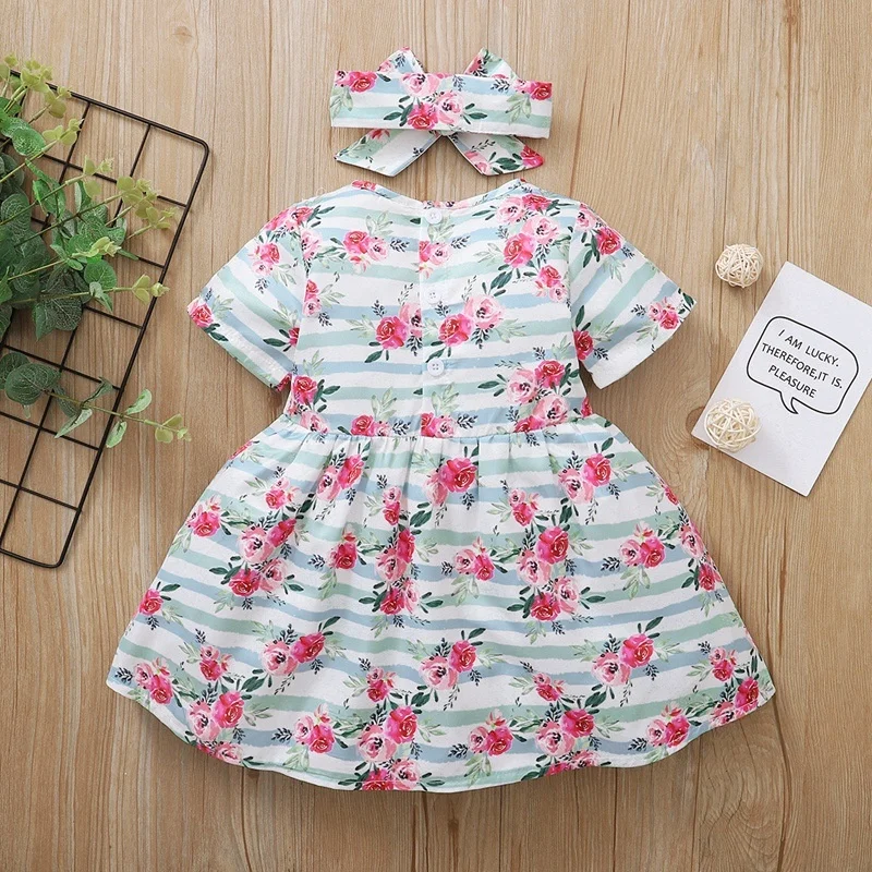 

summer short sleeve kids princess dress for girl fairy skirt cheap costume fresh floral stripe + headscarf