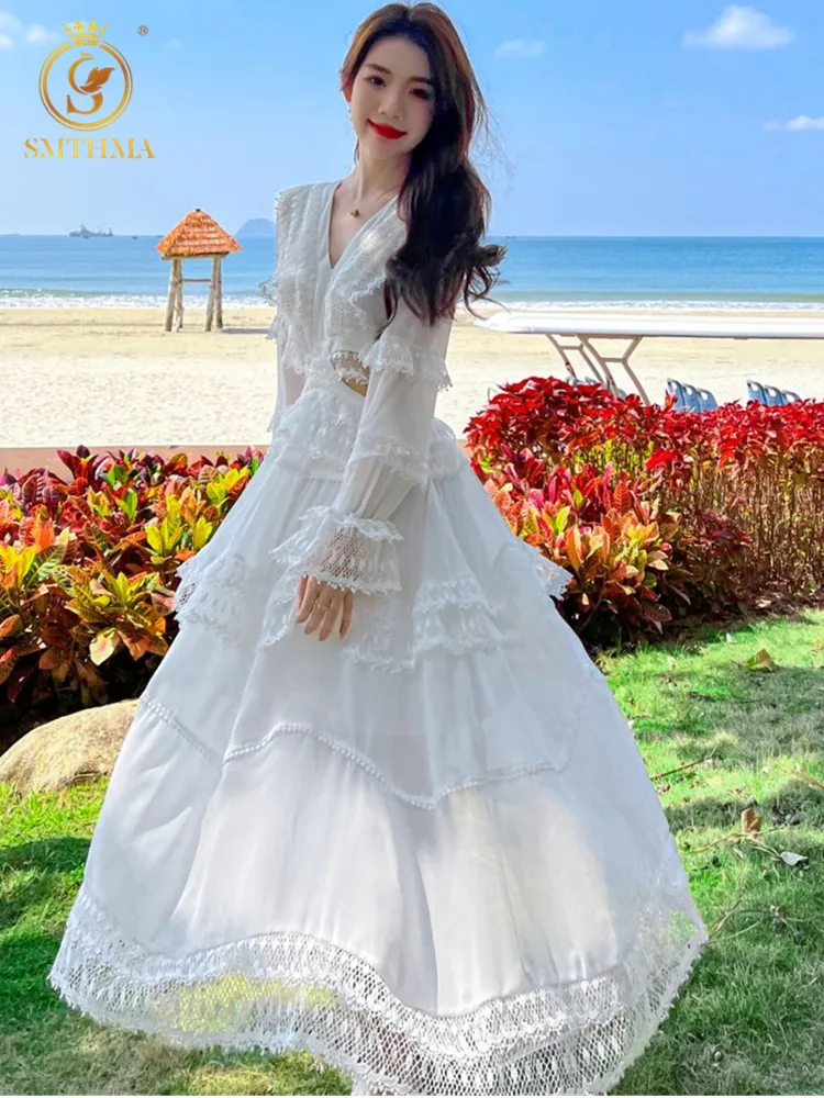 

SMTHMA New Fashion Sexy Backless White Ruffles Vacation Dresses Women's Flare Long Sleeve Lace Patchwork Bohemia Long Dress