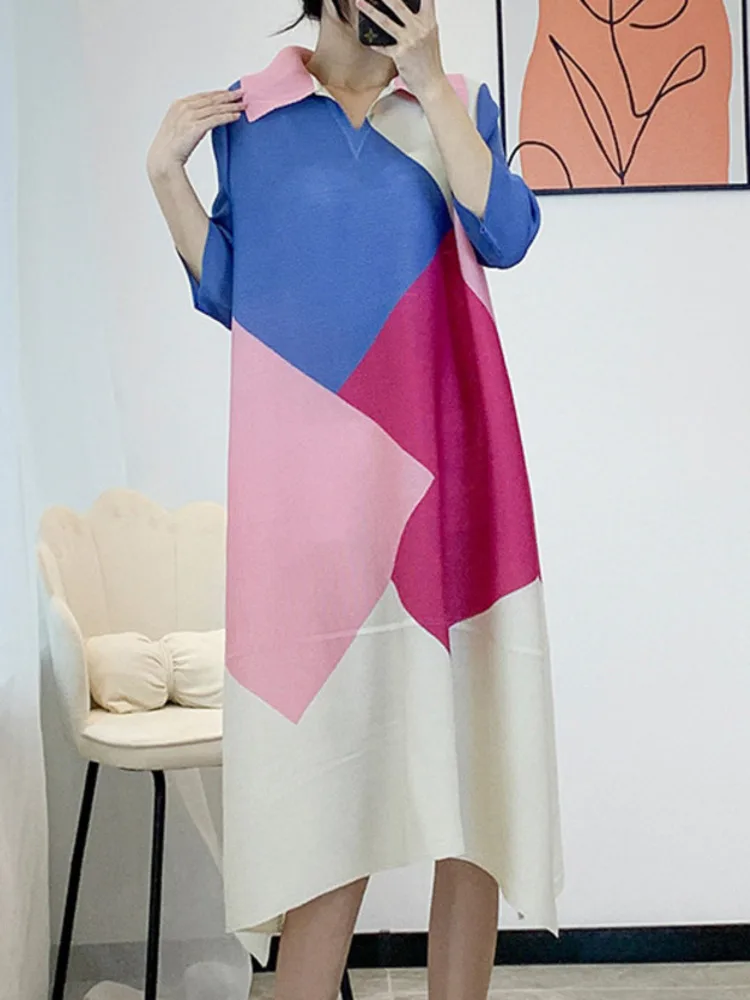 GVUW Pleated Print Dress Women Color Block Lapel Three Quarter Sleeve Mid Length Dresses Female 2023 Spring New Fashion 17G0940