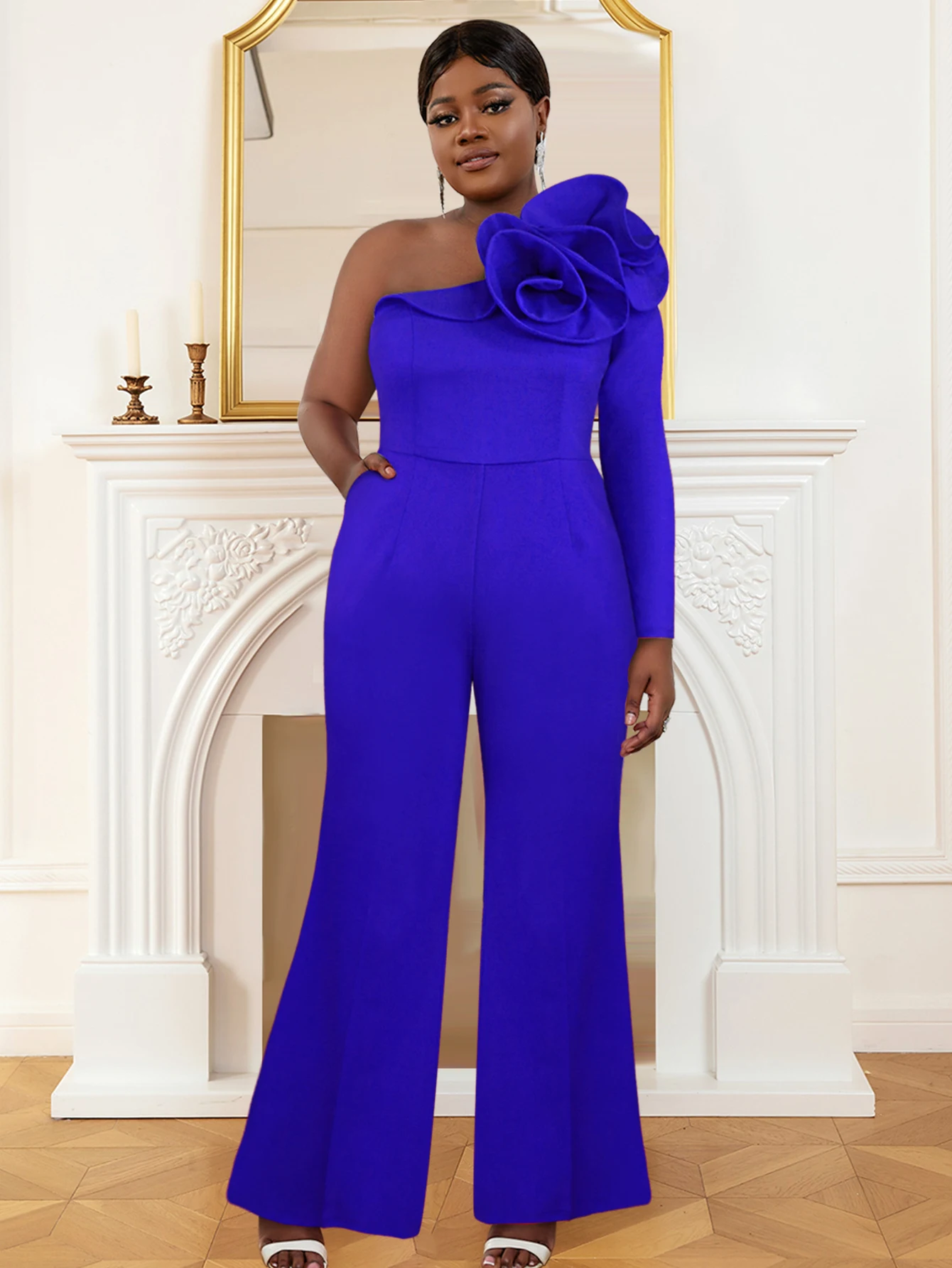 

One Shoulder Jumpsuits Elegant Ruffle Flower Wide Leg Long Pants Rompers with Pockets Summer Women Long Sleeve One Piece Outfits