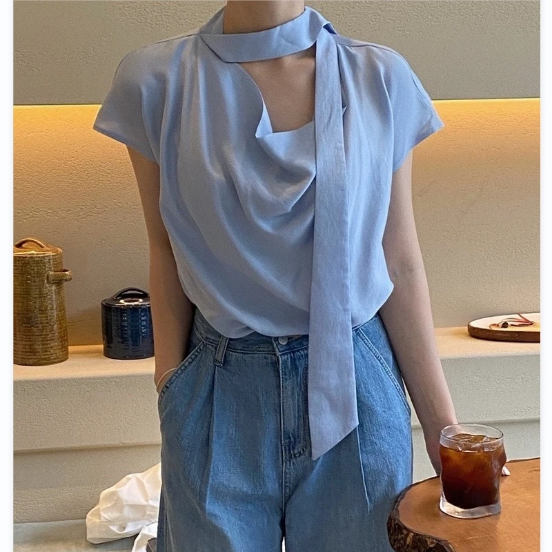 

Женская блузка с лентами, голубая Повседневная Свободная блузка абрикосового цвета с рукавами-воланами, модель T517D в Корейском стиле на лет...