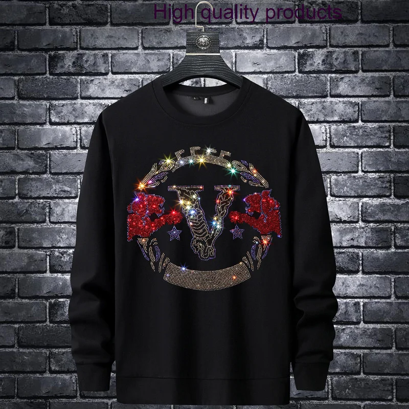 

Men 2023 Sweatshirt Fashion Letter Rhinestones Streetwear Long Pullover Hoodie Slim Rib O Neck Cotton Mens Autumn Clothes