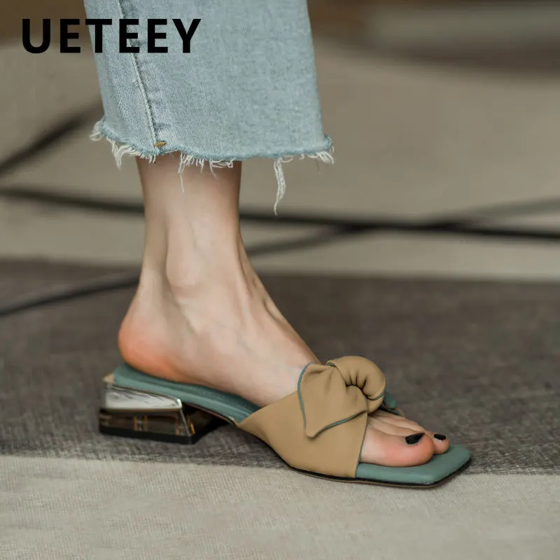

Fashion Design Sandals 2022 Summer New Color Matching Bow Square Toe Flat Womens Mules Outer-wear Middle-heeled Comfy Flip Flops