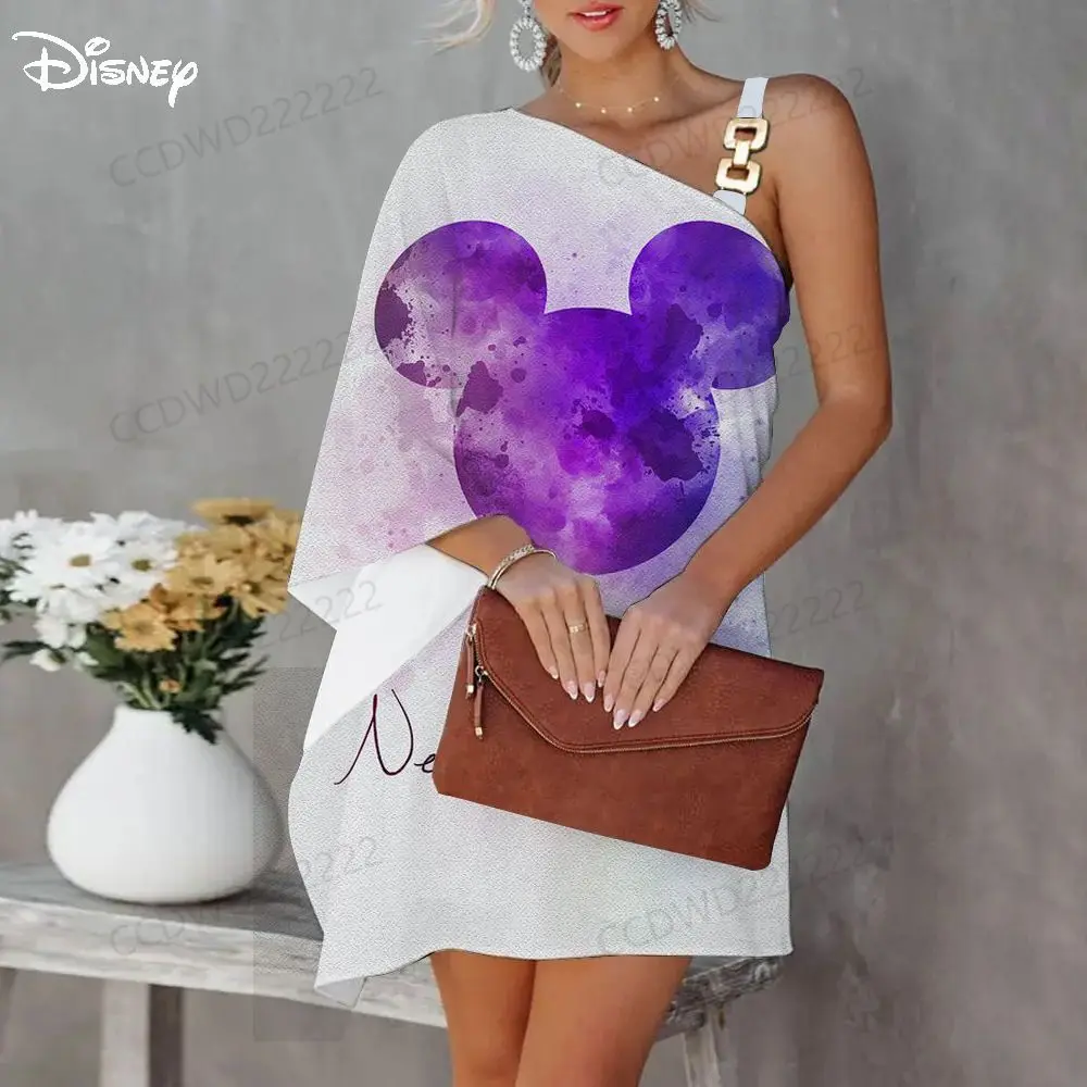 Diagonal Collar Dress One-Shoulder Elegant Dresses for Women Minnie Mouse Disney Mickey Party 2023 Evening Summer Woman Trendy