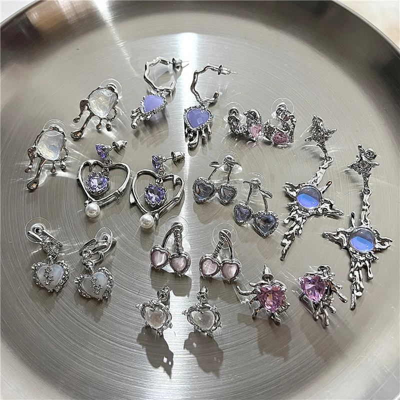 Korea Trend Vintage Purple Pink Peach Heart Cherry Pendant Earrings For Egirl Harajuku Goth Y2k Aesthetic Jewelry Accessories