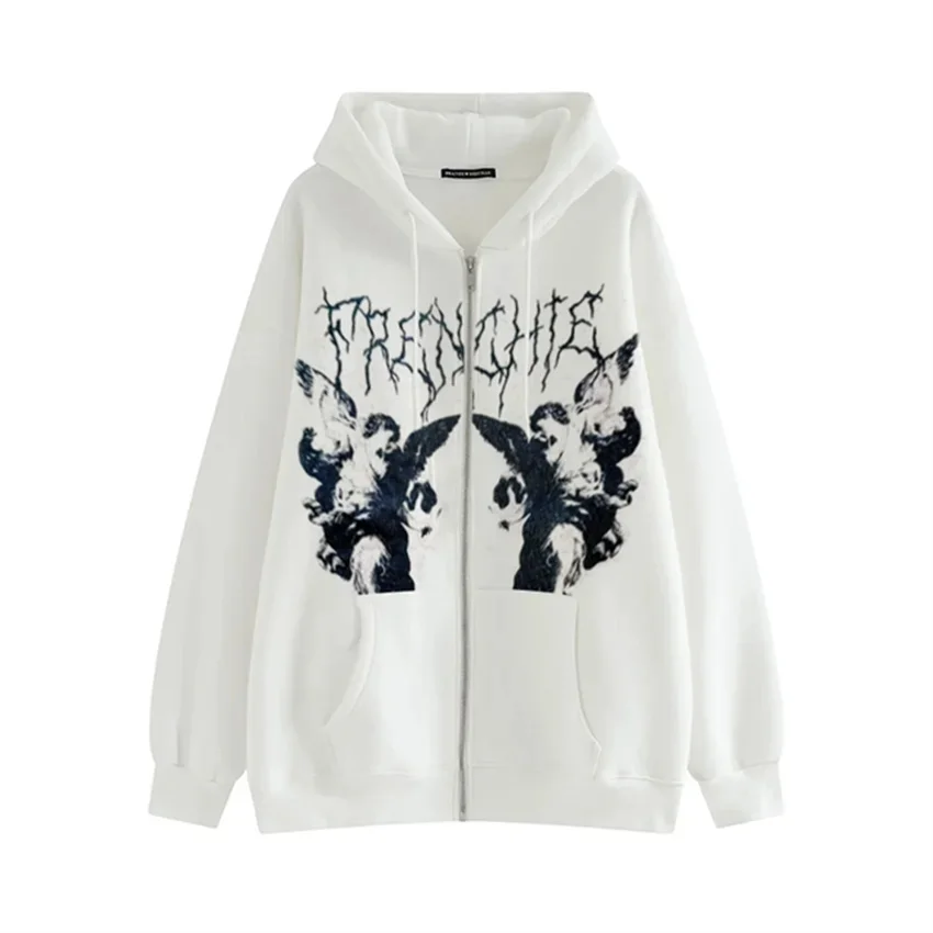 

Plus Size Y2K Hoodie Zip-up Sweatshirt Angel Printing Jacket Loose Long Slve Pockets Strtwear Hip Hop Fashion Men Women Coat