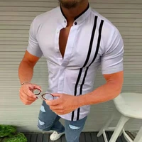 mens summer shirt stand collar short sleeve buttons handsome top casual breathable striped patchwork shirt top for daily wear