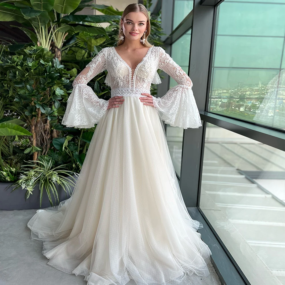 

Женское свадебное платье с пышными рукавами, кружевное богемное платье с V-образным вырезом и открытой спиной, а-силуэт, модель 2022