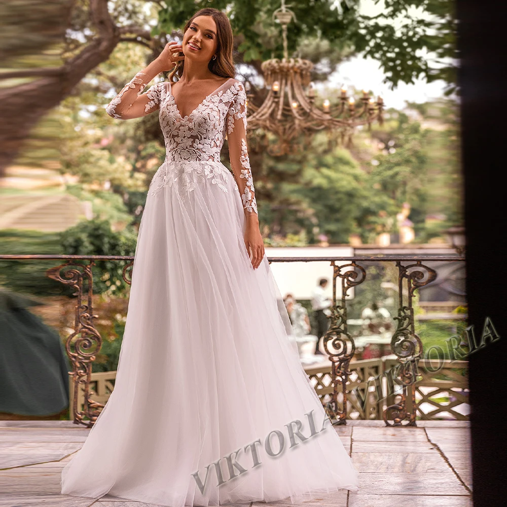 

VIKTORIA Pastrol Wedding Dress Bridal Long Sleeves V-neck Backless For Woman A-LINE Appliques Vestidos De Novia Custom Made