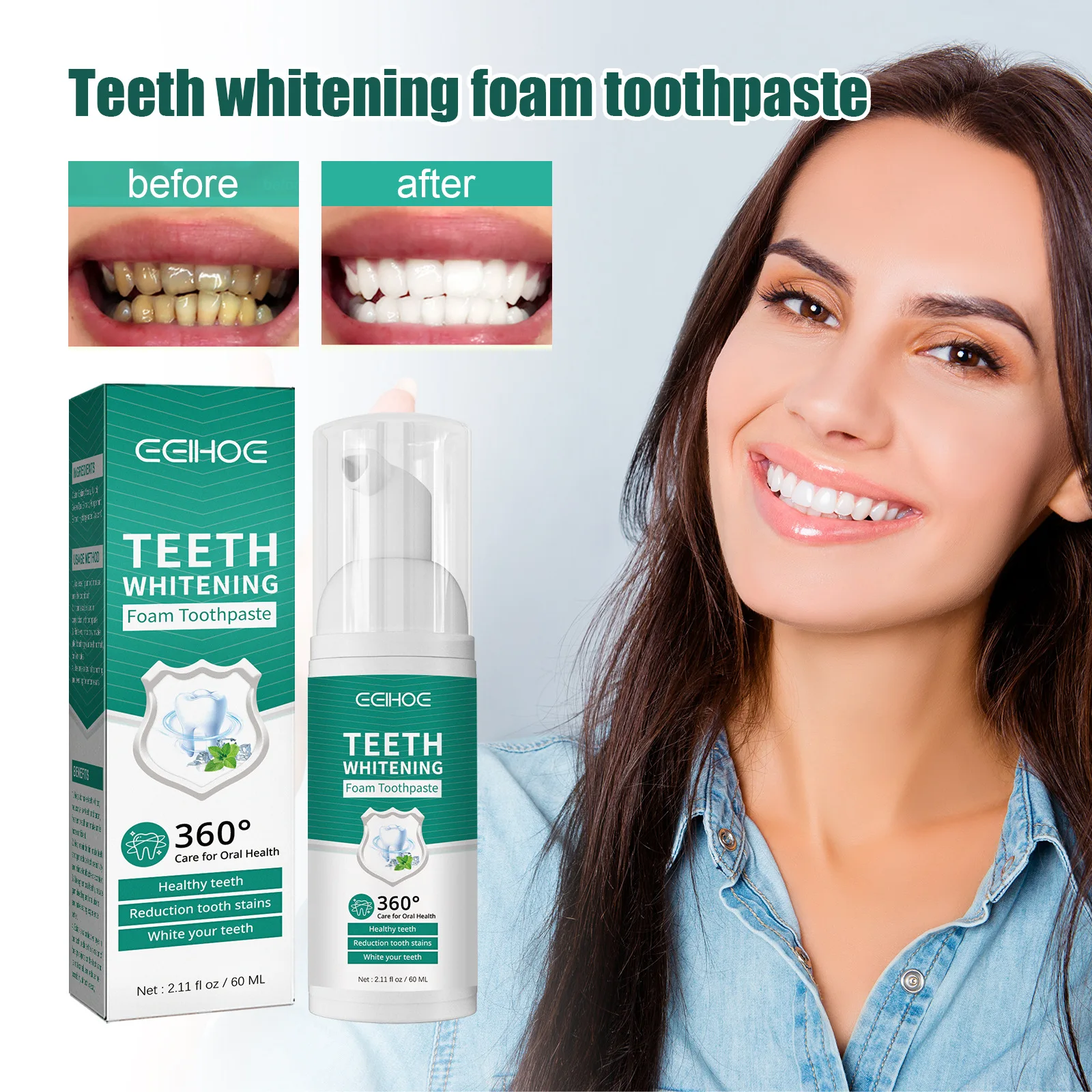 

60ml Mousse Toothpaste Teeth Whitening Cleaning Removes Plaque Stains Tooth Yellow Stain Oral Hygiene Dental Care Fresh Breath