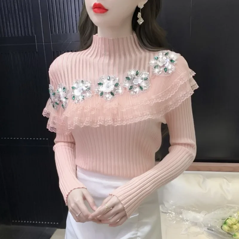 Розовый вязаный топ в европейском стиле с 3D цветочной вышивкой полосатый