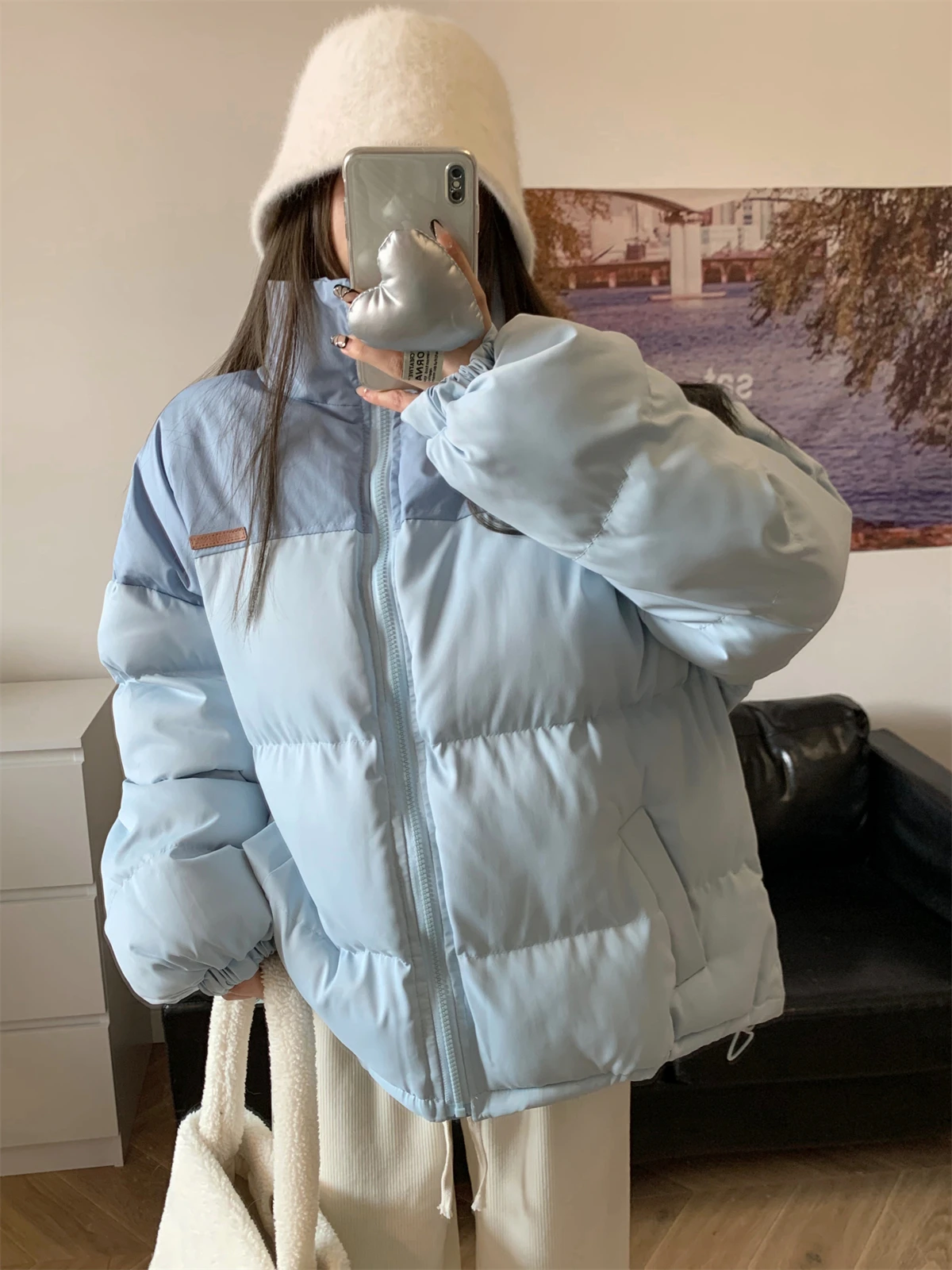 2022 Winter New Cotton Clothes Loose Age Reducing Thin Thickened Cotton Jacket Blue Cotton Coat Coat Female Fashion