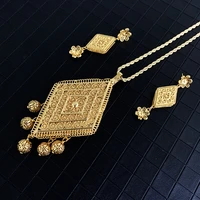 arabic trendy gold plated copper necklaceearring set women geometric hollow flower long chain pendant bridal costume jewelry