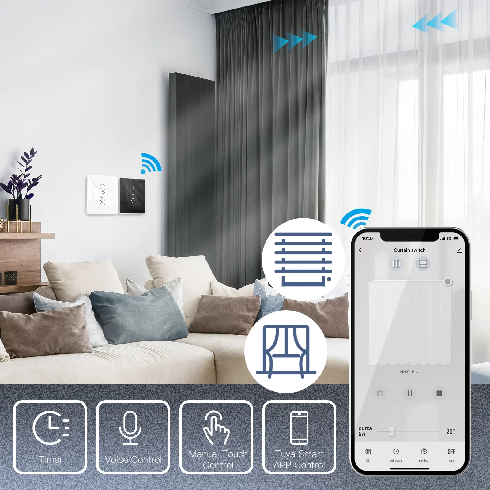 Wi-Fi Smart 2.5D дуговой стеклянный сенсорный переключатель штор для жалюзи приложение