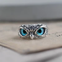 punk blue eyes owl rings for women silver color vintage open anillos mens retro adjustable ring girl fashion jewelry party gifts