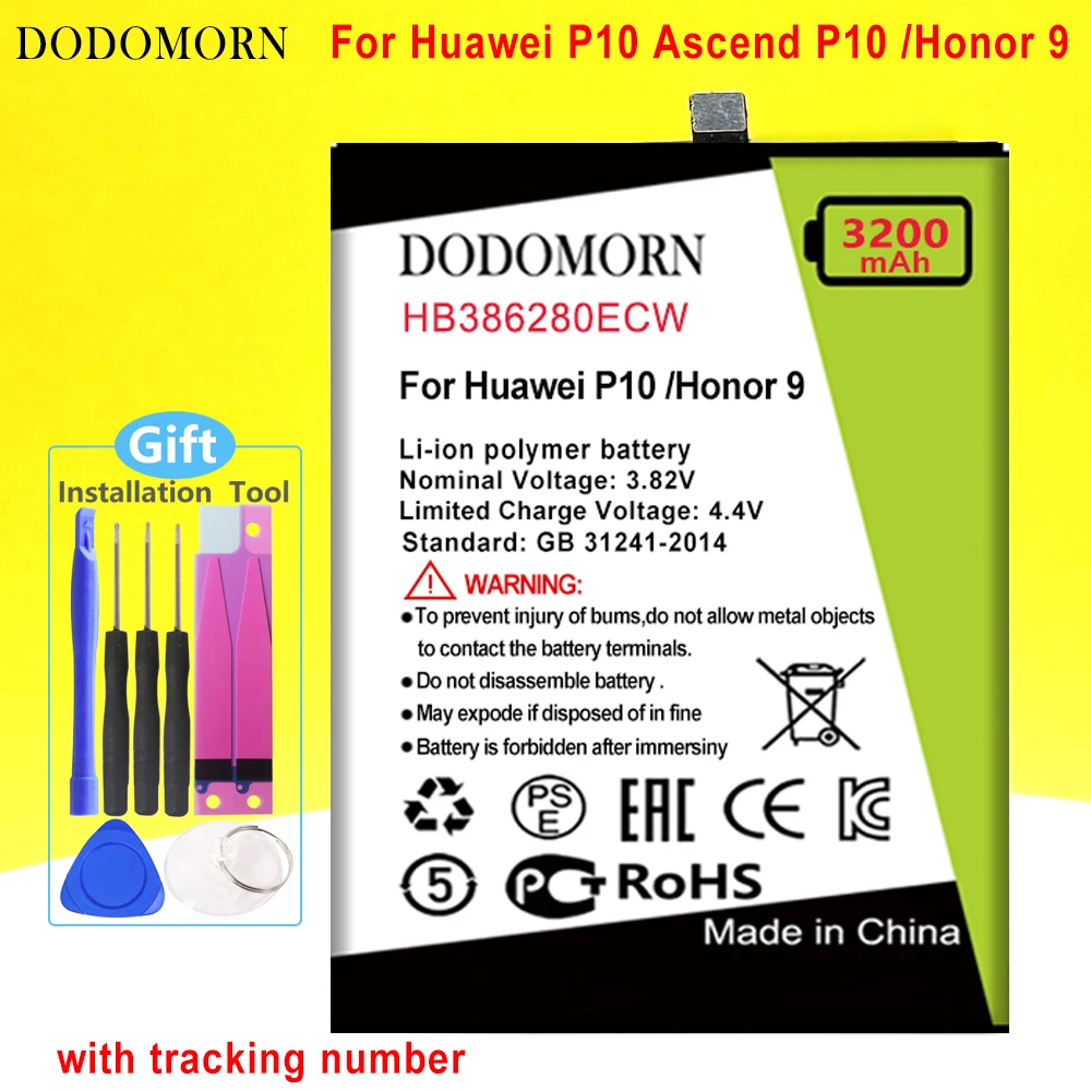 

DODOMORN HB386280ECW Battery For Huawei P10 Ascend P10 /Honor 9 STF-L09 STF-AL10 High Quality +Tracking Number