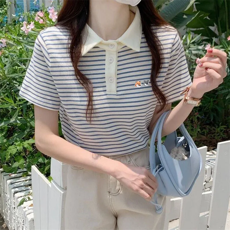 

Summer Fashion Striped Plaid Short Sleeve Women T Shirt Luxury Maison Fox Mascot Embroidery Logo Appliqued Lapel POLO Shirt Tops