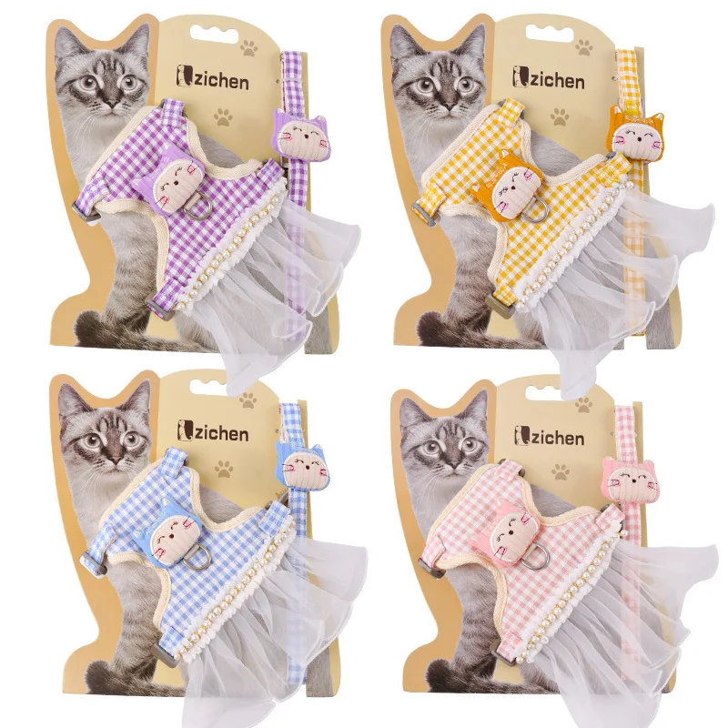 

Cat Leads Dog Harness Leash Set Adjustable Lace Necklace Pet Vest Cute Puppy Princess Dress Cats Collar Skirt Walking Lead