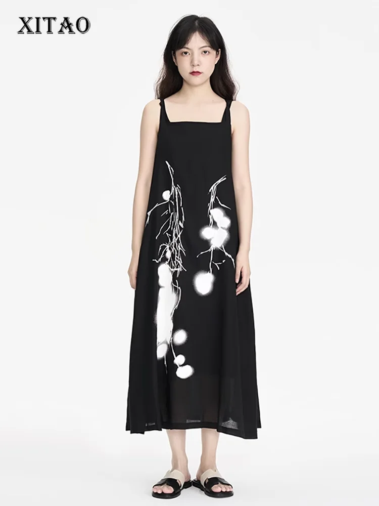 XITAO Solid Color Print Pocket Pullover Dress Spaghetti Strap Square Collar Loose Show Thin 2023 Summer New Fashion DMJ1880